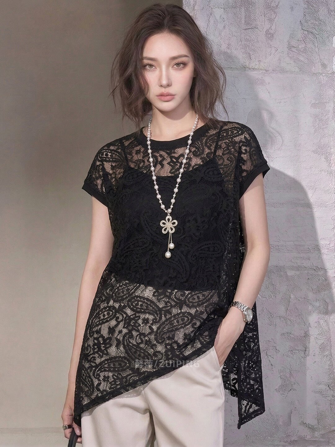 2026 여름 새로운 패션 여성 고급 디자인 센스 검정색 레이스 홀로우 아웃 반팔 불규칙 밑단 맨위