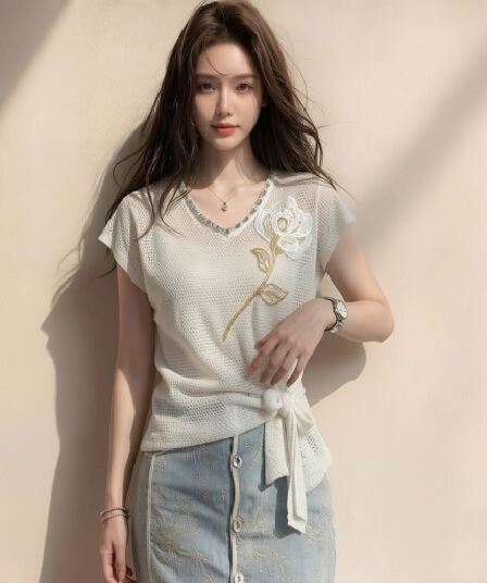 2026 여름 새로운 여성 의류 프랑스식 비즈 장미 V넥 반팔 니트 스웨터 품격 고급 센스 출퇴근 맨위