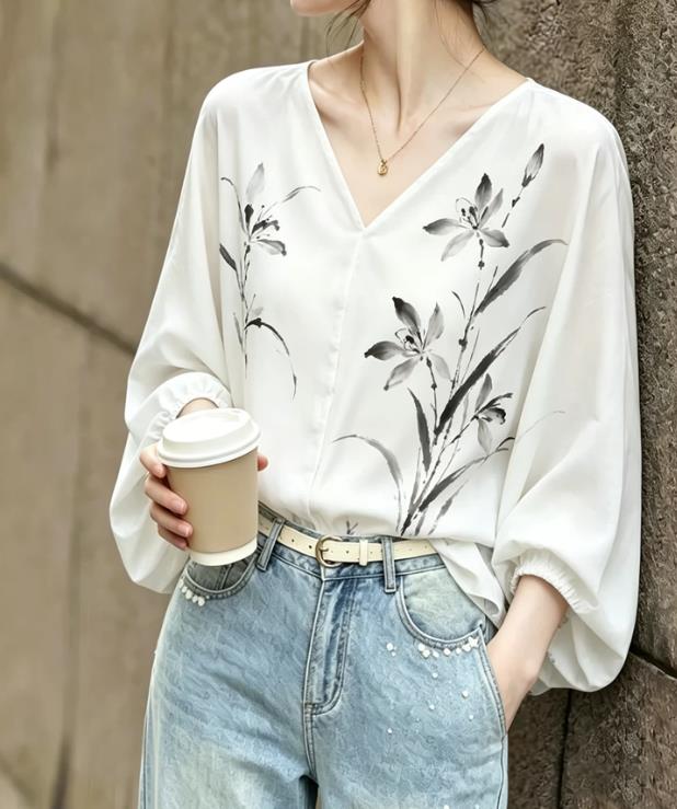 프랑스식 부드러운 바람 레이스업 프린트 여성 셔츠 2026 년 여름 새로운 화이트 벌룬 소매 다용도 맨위 출퇴근
