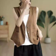 批发卡其色简约风V领单排扣亚麻马甲女<b class='q'>夏</b>季欧货宽松无袖坎肩背心外套