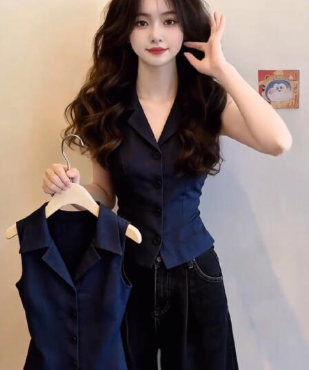 프랑스식 POLO 칼라 민소매 조끼 여성 셔츠 여름 디자인 센스 단추 허리 수축 몸매 가꾸기 작은 셔츠 품격 연령 감소 맨위