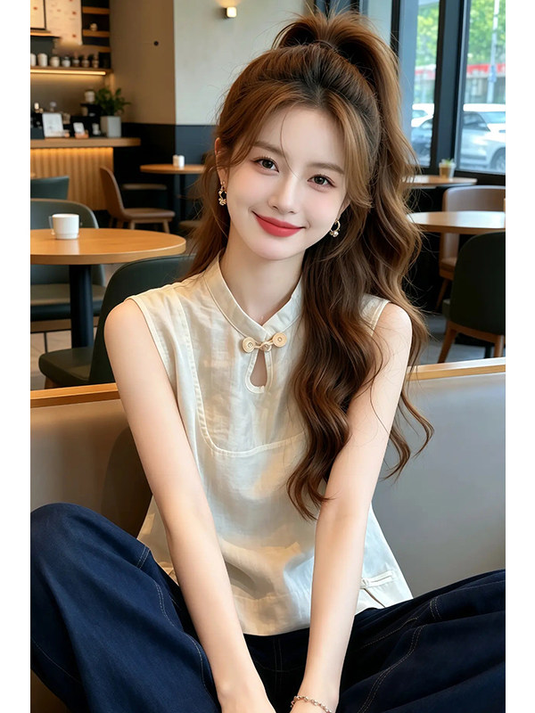 새로운 중식 민소매 맨위 여성 여름 작은 키 빛 럭셔리 고급 센스 패션 품격 국풍 고급 단추 셔츠