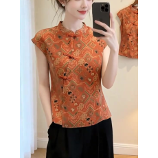 批发新中式国风盘扣印花<b class='q'>衬衫女</b>2026新款夏季修身显瘦冰丝短袖<b class='q'>立领</b>上衣
