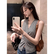 批发法式黑白格纹v领扭结无袖吊带女夏季外穿设计感绝美坎肩<b class='q'>背心</b>上衣