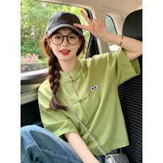 批发新中式绿色棉麻<b class='q'>印花</b>短袖t恤女宽松独特超好看年轻版盘扣改良唐装