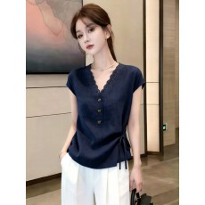 批发<b class='q'>时尚</b>设计感V领<b class='q'>衬衫</b>女夏季新款百搭系带宽松上衣简约气质短袖<b class='q'>衬衣</b>