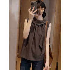 批发咖色荷叶边飘带挂脖背心外穿女2026夏季新款小衫大码<b class='q'>胖</b>mm<b class='q'>无袖</b>上衣