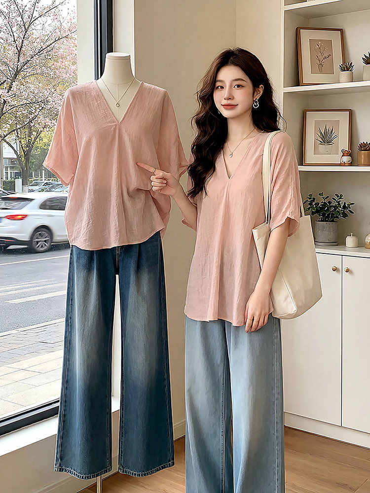 한 부서 핑크색 V넥 긍정적 인 어깨 반팔 여성 셔츠 2026 여름 빅 사이즈 지방 mm 루즈핏 표지 고기 쉬폰 톱