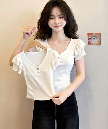 프랑스식 고급 센스 V넥 연꽃 잎 소매 티셔츠 여성 여름 새로운 화이트 몸매 가꾸기 슬림해 보이는 다용도 품격 반팔 맨위