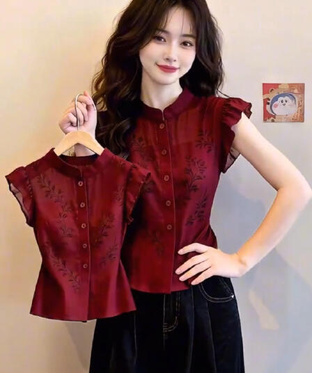 프랑스식 빨간색 스탠드 칼라 프린트 Feifei 소매 민소매 여성 셔츠 여름 디자인 센스 허리 수축 품격 연령 감소 작은 셔츠 맨위