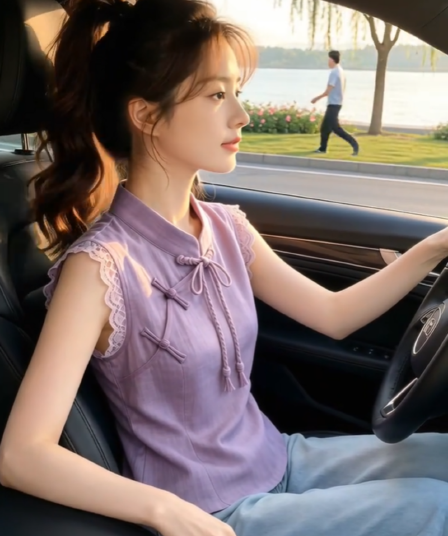 2026 여름 새로운 새로운 중식 문예 국풍 단추 레이스 맨위 여성 보라색 레트로 품격 얇은 스타일 셔츠