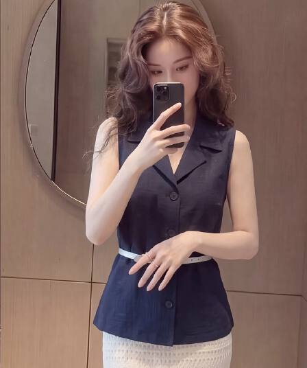 2026 년 여름 새로운 빅 사이즈 여성 의류 우아함 정장 칼라 허리 수축 표지 고기 슬림해 보이는 민소매 아마 베스트 오픈 가디건