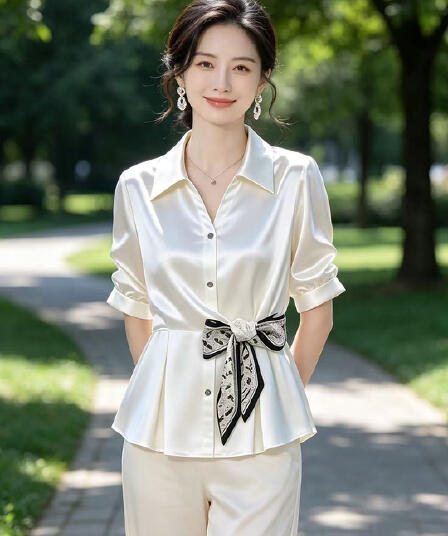 항저우 고급 실크 셔츠 여성 고급 센스 레이스업 반팔 작은 셔츠 빛 럭셔리 품격 뽕나무 누에 실크 맨위