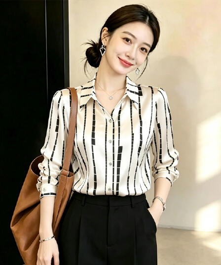 프린트 스트라이프 새틴 여성 셔츠 봄 가을 2026 새로운 고급 센스 출퇴근 폴로 칼라 셔츠 긴팔 캐주얼 맨위