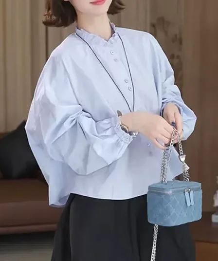 주름 레이스 칼라 여성 셔츠 연령 감소 벌룬 소매 루즈핏 셔츠 2026 새로운 가을 스택 착용 다용도 짧은 맨위