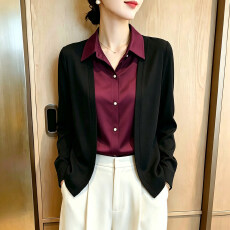 批发针织开衫拼接假两件上衣女长袖秋季新款<b class='q'>妈妈</b>翻领小衫气质通勤衬衫