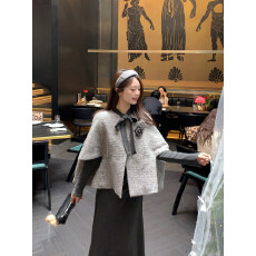 批发切糕自制小个子冬季新款灰色外衣女加粗花呢绵羊毛小香风短袖外套