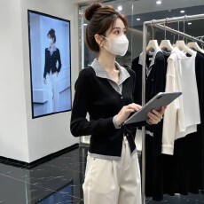 批发复古拼色<b class='q'>假两件</b>翻领长袖针织开衫女秋季新款气质通勤显瘦漂亮上衣