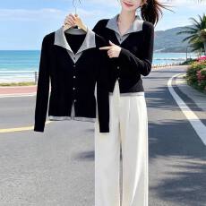 批发<b class='q'>假两件</b>撞色<b class='q'>针织衫</b>女秋冬季新款设计感气质修身显瘦打底衫外搭上衣