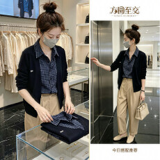 批发格纹假两件拼接衬衫女秋季新款长袖设计感针织衫高级感休闲上衣潮