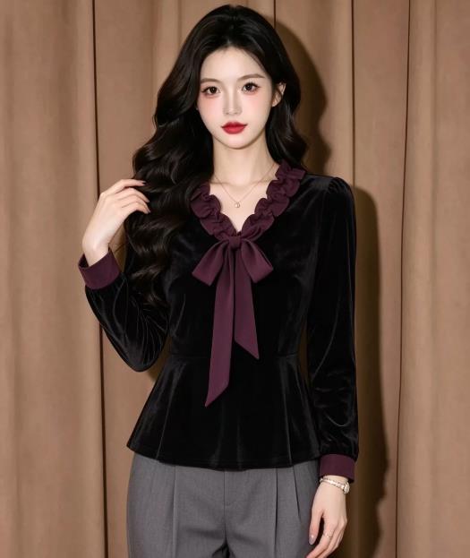 RY9029# 黑色金丝绒衬衫女长袖2026秋季新款高级感蝴蝶结上衣超火减...