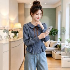 批发蓝色格子<b class='q'>娃娃领</b><b class='q'>衬衣</b><b class='q'>衬衫</b>早秋装女款2026新款独特漂亮超火减龄上衣
