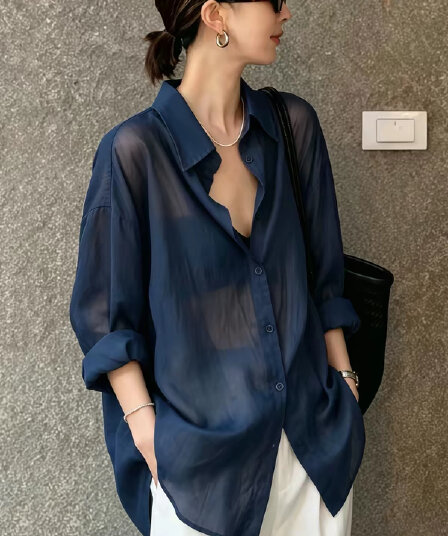 질감 너무 절대적으로 너무 절대적으로 호박 주황색 주간 실크 아마 여성 셔츠 작은 키 루즈핏 긴팔 태양 보호 셔츠