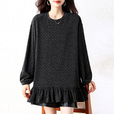 批发荷叶边花边下摆波点<b class='q'>长袖</b>T恤女2026春秋季新款<b class='q'>大码</b>胖mm中长款上衣