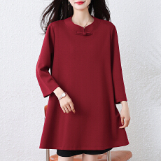 批发红色中式盘扣上衣纯棉七分袖<b class='q'>t</b><b class='q'>恤</b>国风女装春秋新款宽松中长款小衫