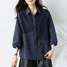 批发条纹七分袖衬衫女春装爆款欧货洋气<b class='q'>打底衫</b>衬衣时尚宽松遮肚子上衣
