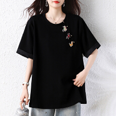 批发复古刺绣钉珠短袖<b class='q'>T</b><b class='q'>恤</b>女2026夏季新款新中式气质百搭正肩圆领上衣