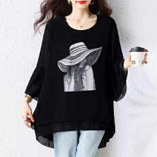 大码女装时尚休闲洋气雪纺衫2026夏季新款遮肉显瘦中长款黑色上衣