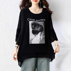 批发夏季<b class='q'>雪纺衫女</b>2026新款大码<b class='q'>女</b>装中长款遮肉显瘦七分袖时尚印花上衣