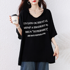 批发欧货大版连帽短袖<b class='q'>T</b><b class='q'>恤</b>女夏新款大码胖mm<b class='q'>宽松</b>遮肚中长款插肩袖上衣