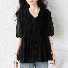 批发2026新款韩系夏季淑女风黑色泡泡袖翻领衬衫女装显瘦百搭气质上衣