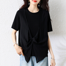 批发2026夏季新款不对称风黑色短袖上衣女宽松显瘦遮肉百搭时尚设计感