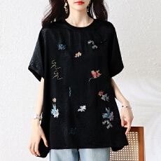 批发大码女装2026夏装胖妹妹时髦洋气刺绣上衣胖mm宽松显瘦短袖T恤衫