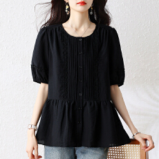 批发短袖衬衫女2026夏季新款韩版圆领褶皱纯色上衣设计感洋气扣子衬衣