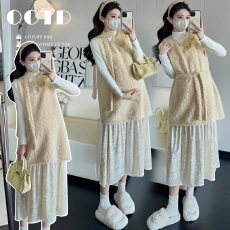 实拍 孕妇装秋冬新款打底衫+拼接丝绒压花假两件连衣裙两件套