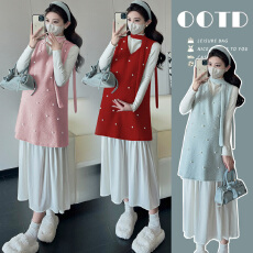 批发实拍 孕妇装2026春秋新款打底衫+重工钉珠拼接丝绒<b class='q'>连衣裙</b><b class='q'>两件套</b>