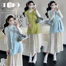 批发实拍孕妇装2026春季新款打底衫+拼接丝绒压花假两件<b class='q'>连衣裙</b>套装