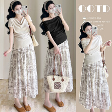 实拍 孕妇夏季新款温柔风显瘦弹力上衣+半身裙2026气质两件套