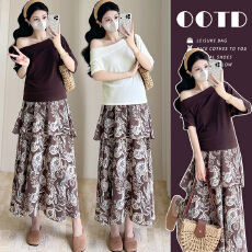 实拍 夏季时尚新款气质显瘦弹力上衣+半身裙孕妇两件套