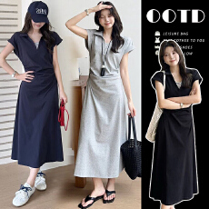 孕妇装2026夏季气质新款条纹拼接设计感短袖连衣裙