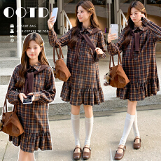 批发实拍 <b class='q'>孕妇</b><b class='q'>秋季</b>时尚新款长袖翻领格子<b class='q'>衬衫</b>裙披肩两件套