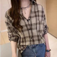 批发格子衬衫女春秋款长袖复古韩版<b class='q'>宽松</b>百搭秋装上衣格子<b class='q'>外套</b>