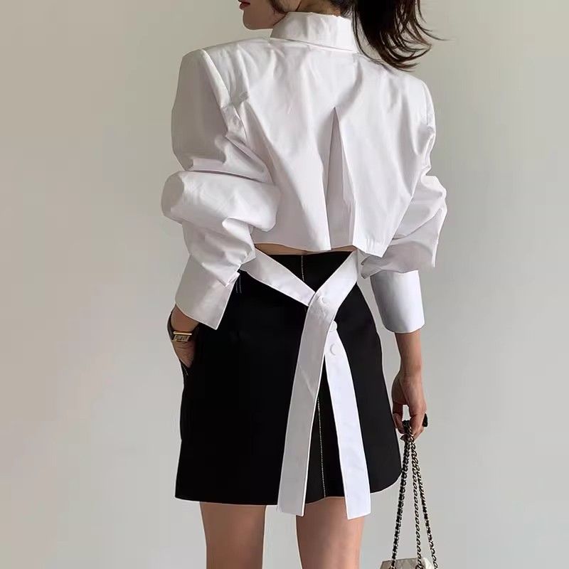 한국 chic 가을 작은 대중 디자인 센스 폴로 칼라 뒤로 홀로우 아웃 스트랩 부서 버클 루즈핏 다용도 쇼트 스타일 여성 셔츠