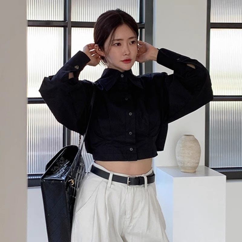 한국 chic 가을 작은 대중 디자인 센스 폴로 칼라 뒤로 홀로우 아웃 스트랩 부서 버클 루즈핏 다용도 쇼트 스타일 여성 셔츠