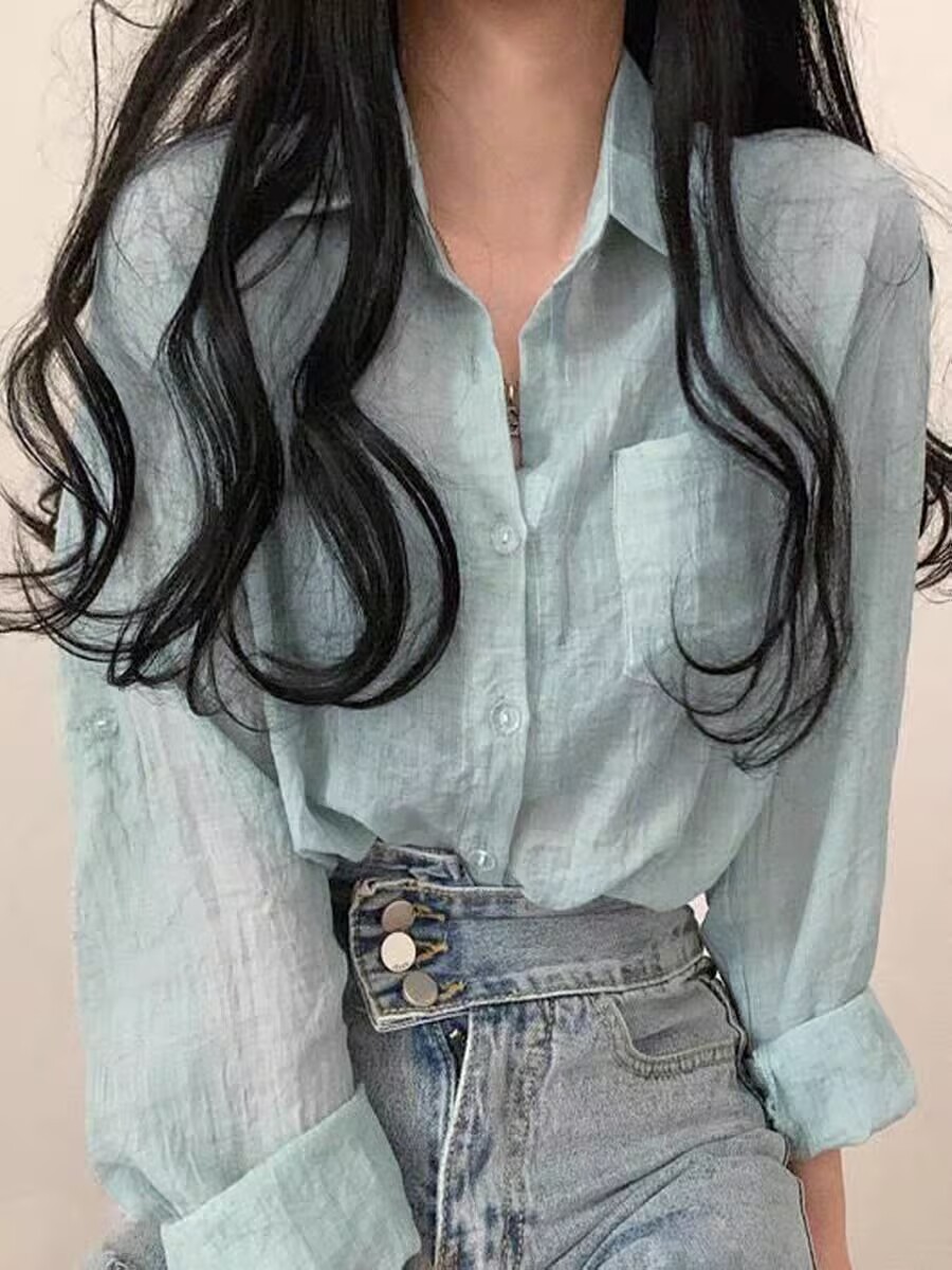 한국 chic 여름 아이스크림 색상 시스템 긴팔 자외선 차단 셔츠 여성 얇고 가벼운 셔츠