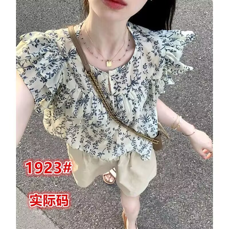 프랑스식 꽃무늬 반팔 여성 셔츠 여름 프릴 인형 셔츠 셔츠 쉬폰 작은 셔츠 쇼트 스타일 작은 날다 소매 맨위